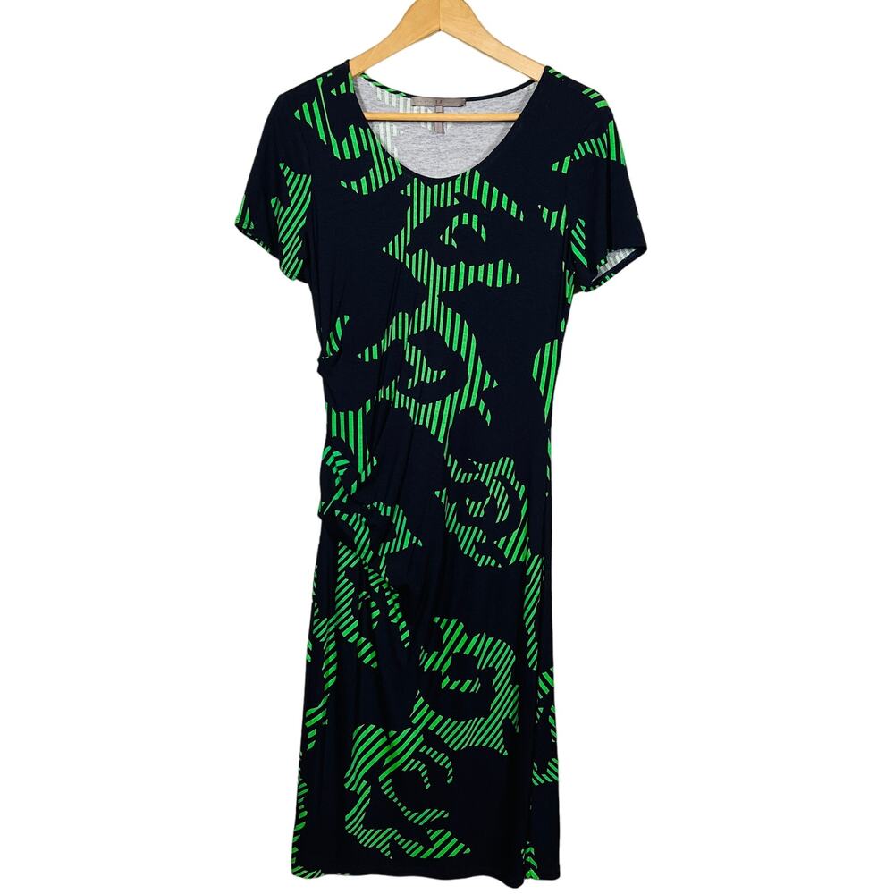 Halston Heritage Side Ruched Midi Dress Scoop Neck Casual Short Sleeve Navy - L